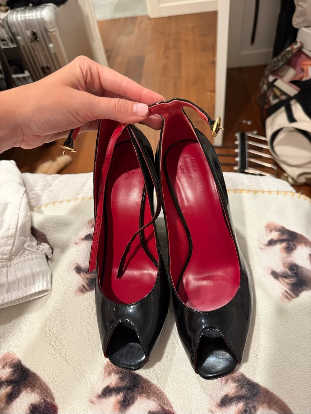 Reformation Black Patent Peep-Toe Wedge Heels with Red Interior